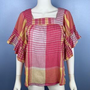 Beachlunchlounge XS Pink Yellow Plaid Ruffle Bell Sleeve Square Neck Blouse Top